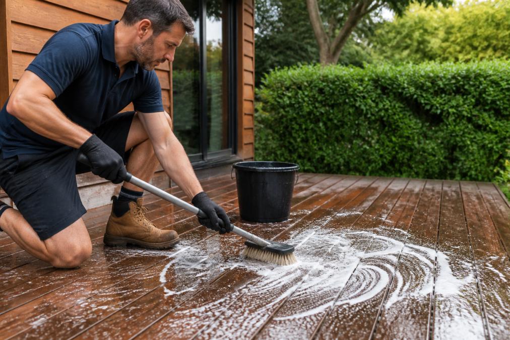 Professional demonstrating proper cleaning technique on timber deck with soft-bristled brush, showing soapy lather on wood surface in natural outdoor lighting