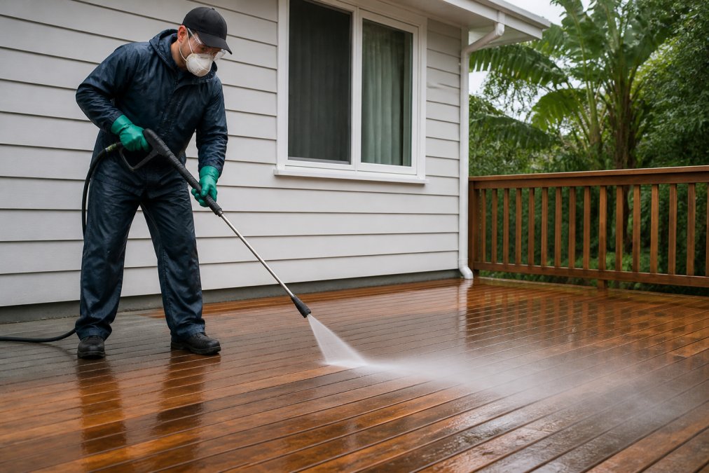 A person in protective gear using a pressure washer on a timber deck, holding the wand at a safe distance and angle to avoid damaging the wood grain