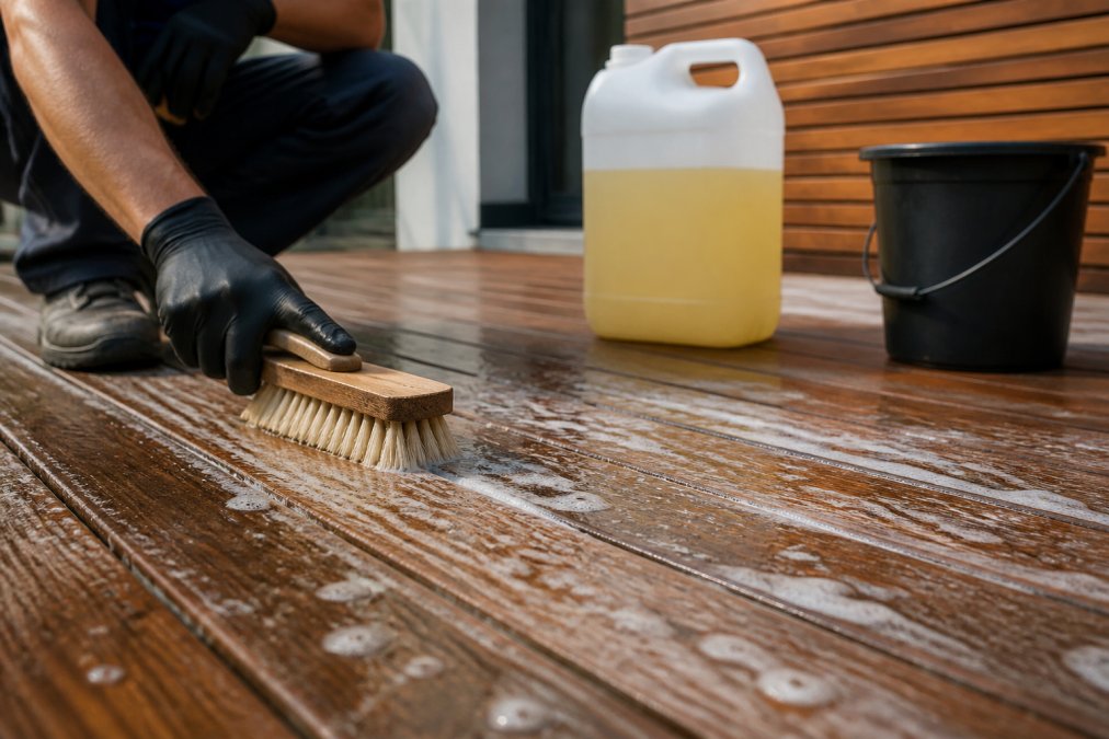 Professional cleaner in work gloves using a soft-bristled brush on timber deck boards, applying oxygenated cleaner in a foamy layer along the wood grain, bright daylight