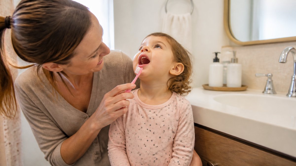 Parent gently positioning a toddler in a bright bathroom to clean toddler teeth with a soft-bristled toothbrush. Parent gently positioning a toddler in a bright bathroom to clean toddler teeth with a soft-bristled toothbrush.