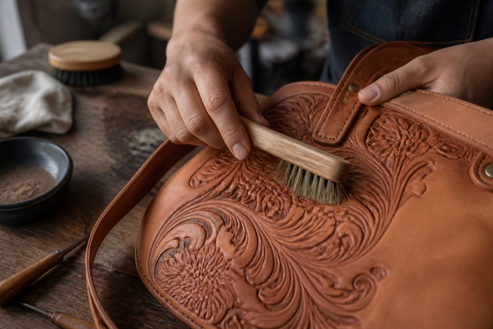 Close-up of hands using a soft-bristled brush with gentle circular motions to clean recessed tooling impressions in a hand-tooled leather bag, natural light from window