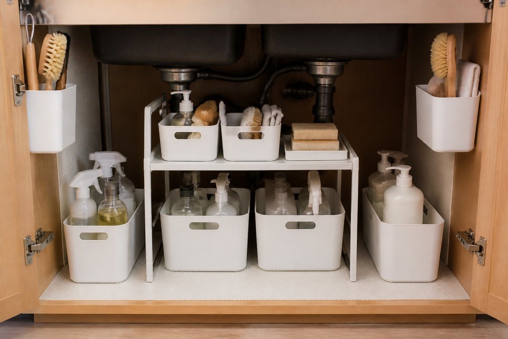 A beautifully organized under-sink cabinet with minimalist white storage containers, a two-tier shelf organizer, and neatly arranged cleaning supplies on a clean shelf liner, bright natural lighting