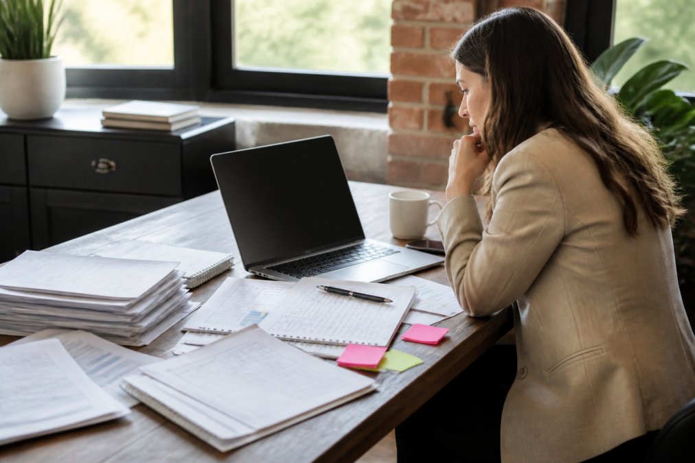 Real estate agent sitting at desk reviewing CRM data on laptop screen with printed reports and notes scattered nearby, focused on analyzing contact records with natural office lighting