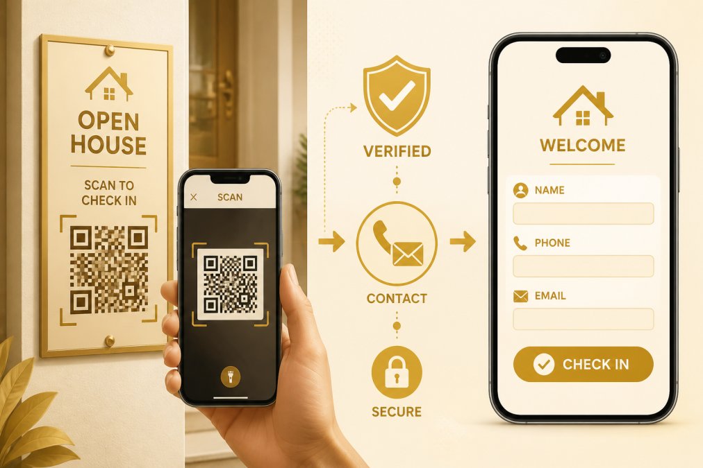 Close-up of smartphone screen showing QR code scan at property entrance with visitor entering contact information on mobile device, professional mobile interface visible