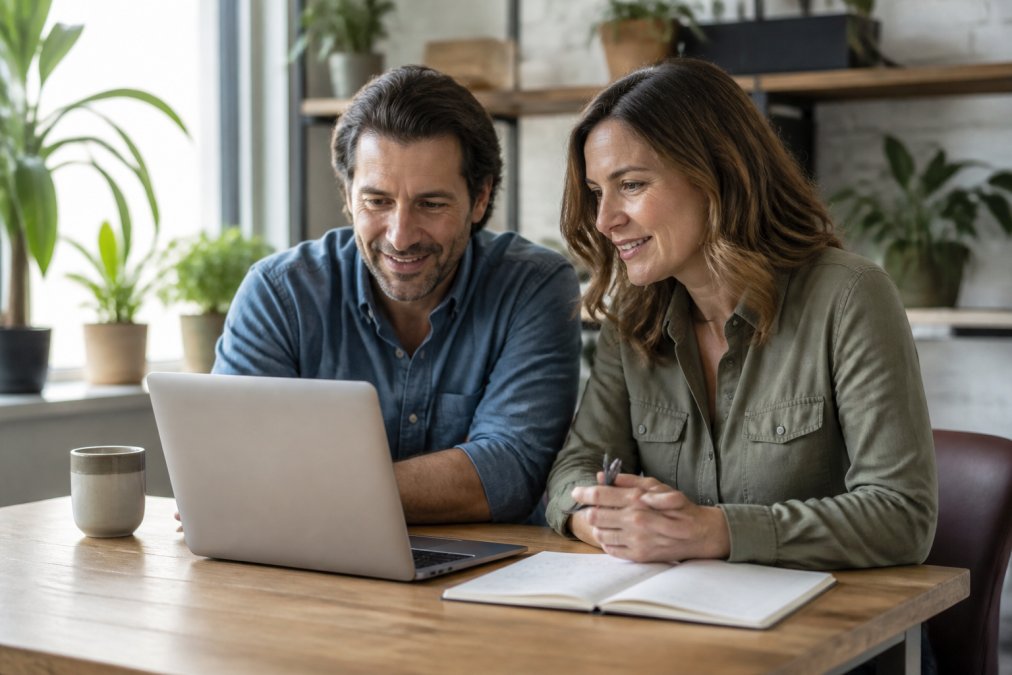 A small business owner and an accountant reviewing a laptop screen showing financial reports in a bright office, with a notepad and coffee on the desk