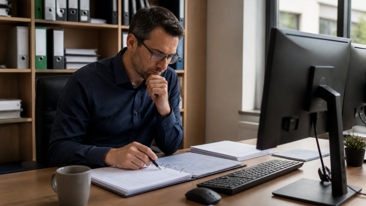 IT manager at desk reviewing SharePoint admin center dashboard on dual monitors, analyzing site activity reports and storage metrics with spreadsheet open