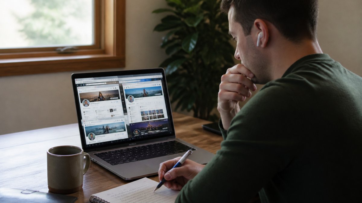 Person reviewing online accounts on a laptop to clean up digital footprint while taking notes at a desk