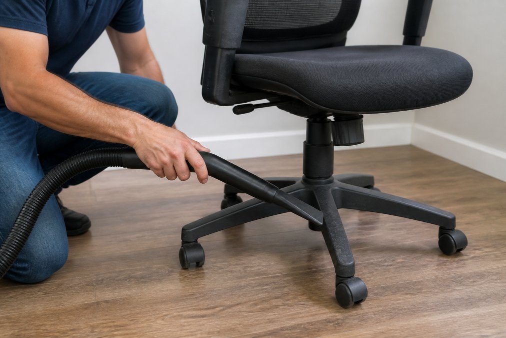 A person using a vacuum cleaner with a crevice tool attachment to clean the base of an office chair in a bright room