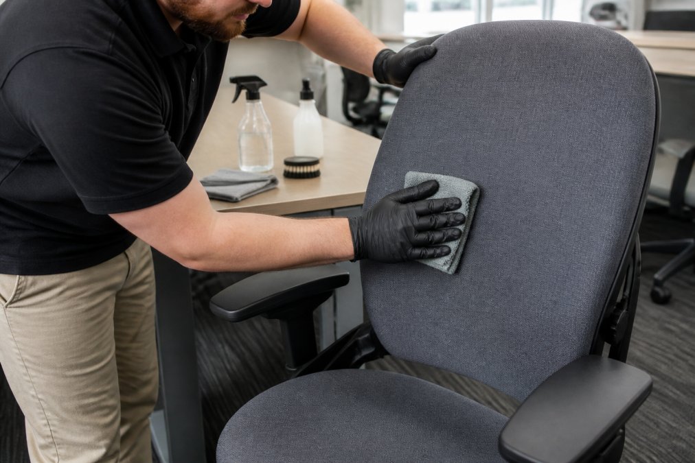 Person wearing gloves using a microfiber cloth to clean used office furniture like this gray ergonomic chair.