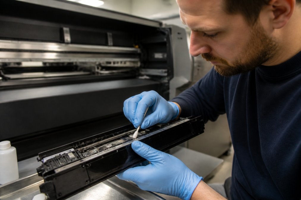 A print engineer wearing nitrile gloves carefully wiping a UV printhead carriage with a lint-free swab in a clean workshop, print machine visible in the background