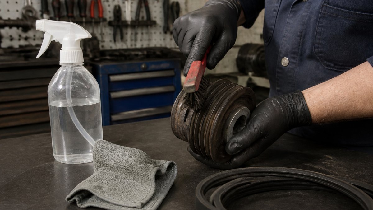 Professional technician using a wire brush to clean rust and grime from a V-belt pulley groove, with spray bottle and cleaning cloth on a workbench