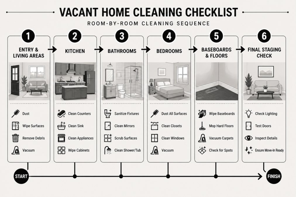 Flowchart showing the room-by-room vacant home cleaning sequence: entry and living areas, kitchen, bathrooms, bedrooms, baseboards and floors, final staging check