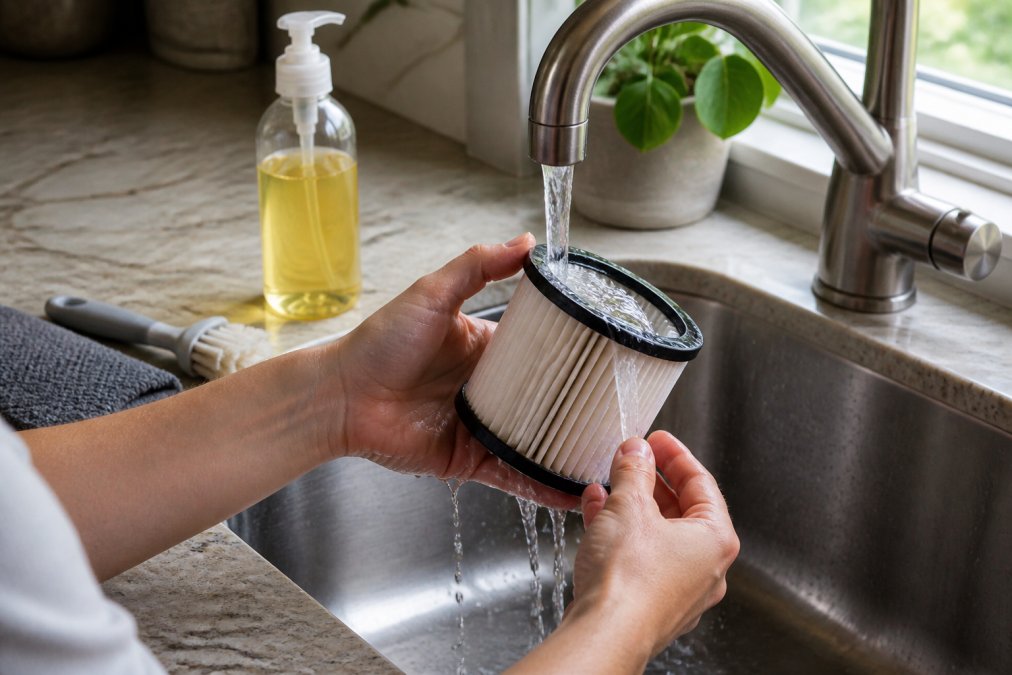 Hands rinsing a dirty vacuum filter under a kitchen faucet with cleaning supplies nearby