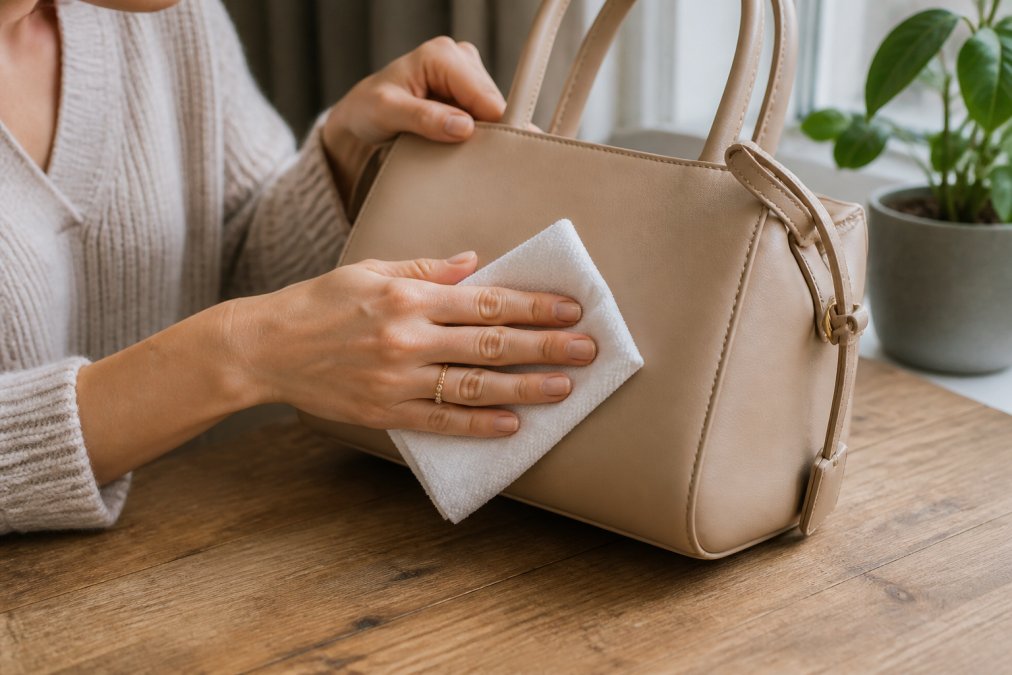 Close-up of a woman's hands gently wiping a beige vegan leather handbag with a soft white microfiber cloth on a clean wooden table, natural daylight from a window