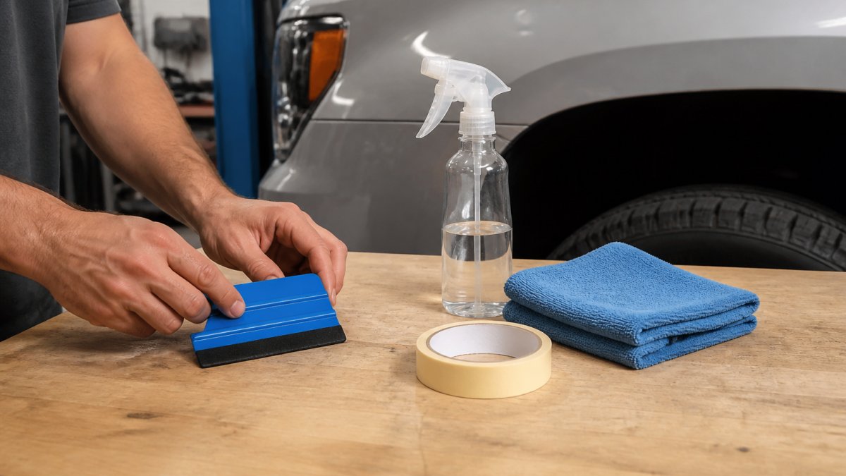 A person's hands laying out vinyl decal application tools on a clean garage workbench: squeegee, spray bottle, microfiber towels, and a roll of low-tack tape next to a truck fender