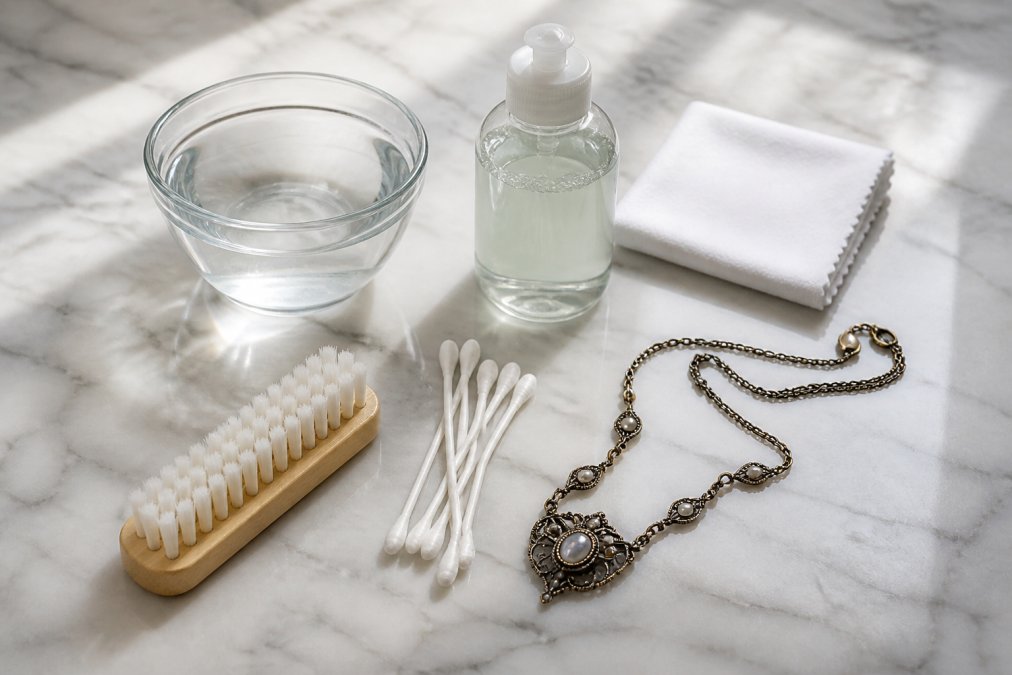 Flat lay arrangement of jewelry cleaning supplies including soft-bristled brush, microfiber cloth, small bowl of distilled water, mild dish soap bottle, Q-tips, and a delicate vintage necklace on a clean white marble surface with natural window lighting
