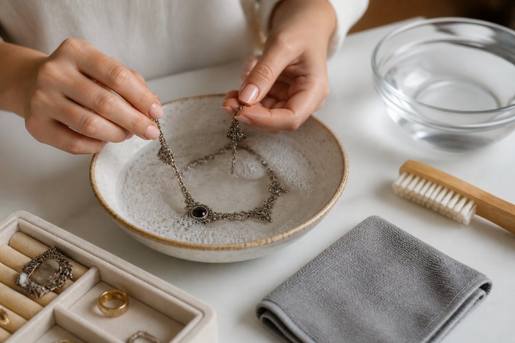 Hands gently soaking a delicate vintage necklace in a shallow ceramic dish of soapy distilled water, with a soft-bristled brush and microfiber cloth positioned nearby on a white surface with warm natural lighting