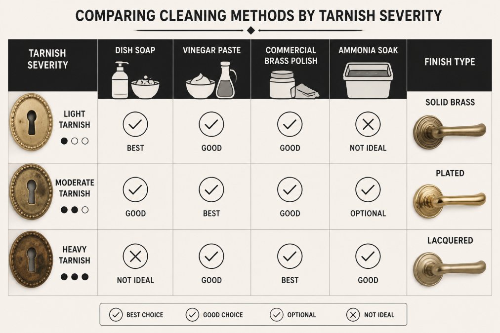 Decision matrix comparing dish soap, vinegar paste, commercial brass polish and ammonia soak against light, moderate and heavy tarnish levels across solid brass, plated and lacquered finishes