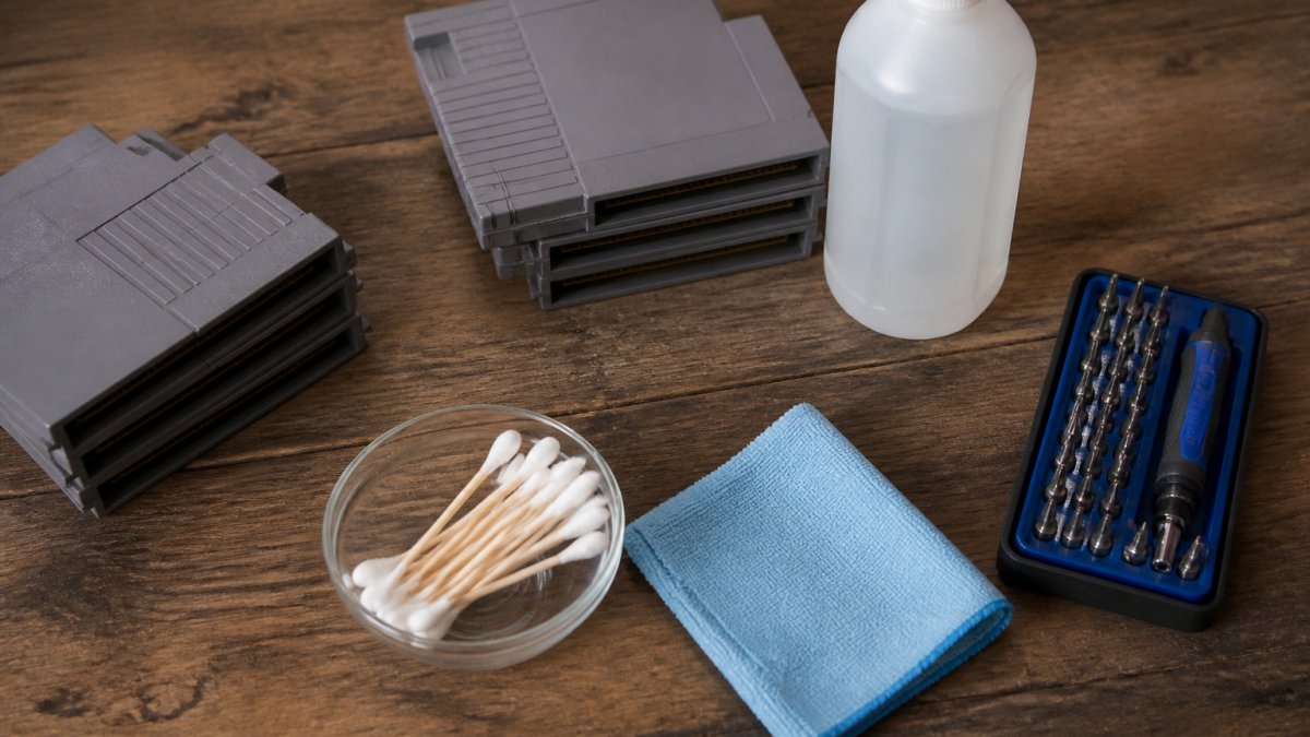 Close-up overhead shot of a wooden table with retro game cartridges, a bottle of isopropyl alcohol, cotton swabs, a microfiber cloth, and a small screwdriver set arranged neatly