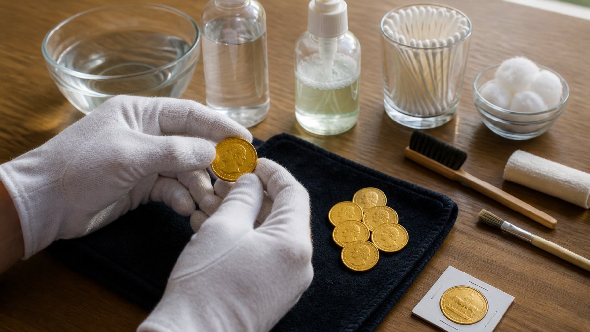 Close-up of hands wearing cotton gloves gently holding a vintage gold coin over a soft lint-free cloth, with distilled water and mild soap visible on a clean workspace with natural lighting
