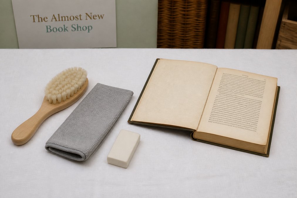 Overhead close-up of a clean, well-lit table covered with a white cloth, showing a soft-bristled brush, a dry microfiber cloth, a gum eraser, and an open vintage hardback book ready for cleaning