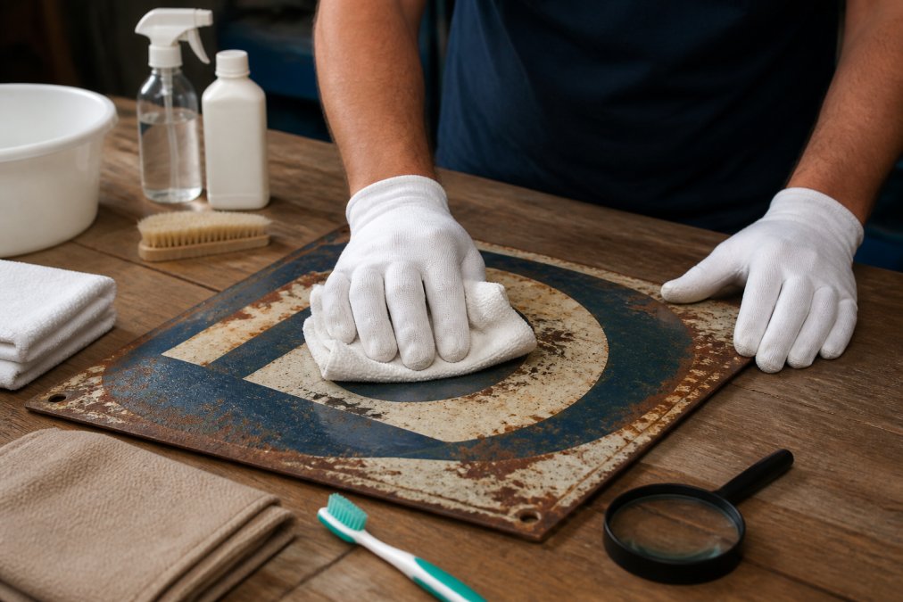 Person wearing cotton gloves gently cleaning a vintage metal sign with a soft cloth on a wooden workbench