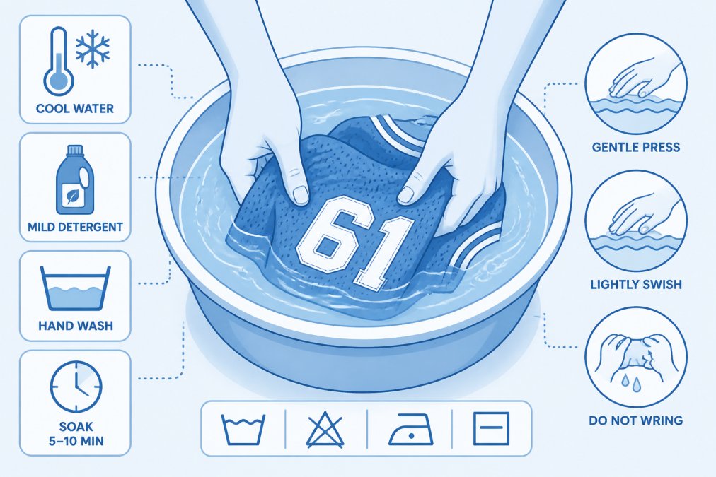 Hands gently hand-washing a vintage sports fabric item in a basin of cool water, showing proper technique with mild detergent and careful finger movements