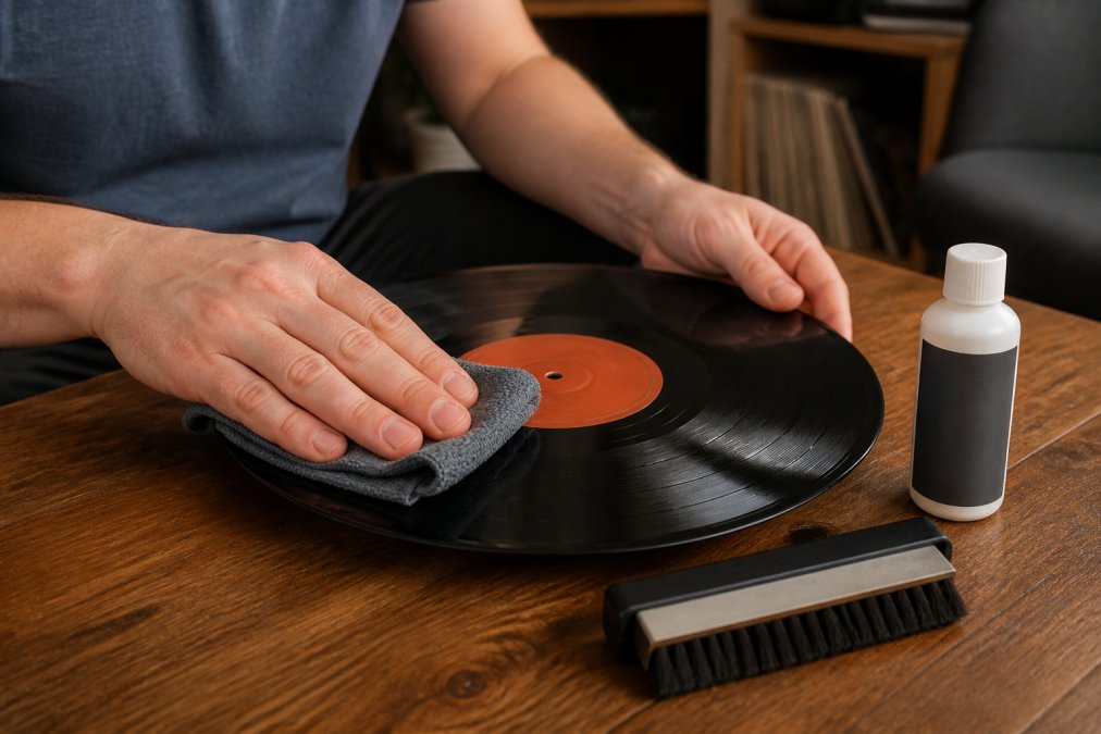Close-up of a pair of hands gently wiping a vintage vinyl record with a microfiber cloth, a carbon fiber brush and a bottle of cleaning solution visible on a wooden table in a cozy room