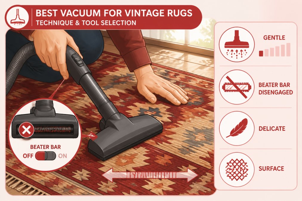 Close-up of hands using a vacuum with beater bar disengaged on a colorful vintage wool kilim, demonstrating gentle suction technique on the rug's surface with natural daylight illuminating the textile