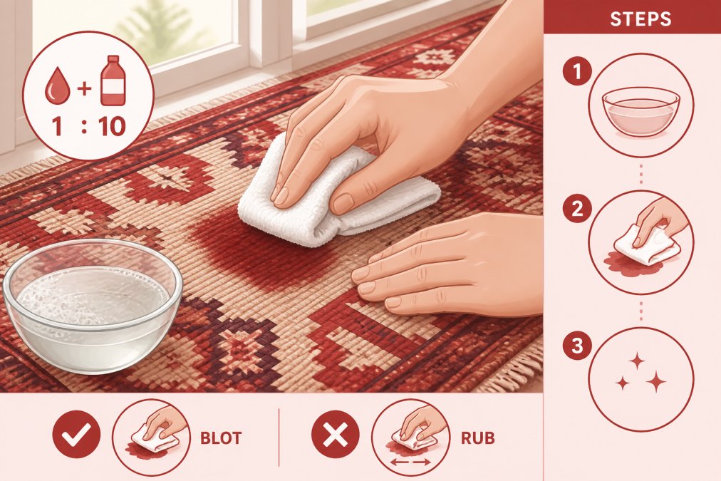 Hands applying a diluted mild cleaning solution with a damp white cloth to a fresh stain on a vintage wool kilim, showing proper blotting technique with natural window light