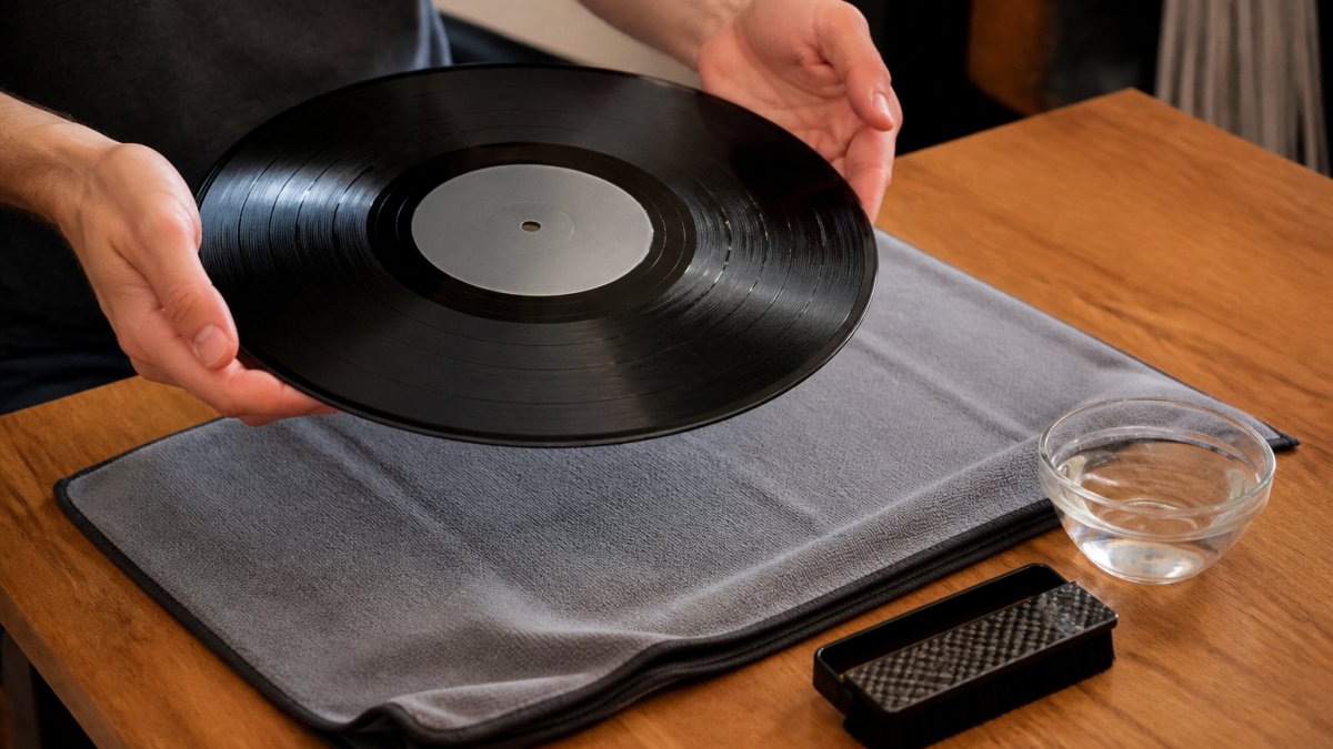 Close-up of hands holding a vinyl record by its edges over a clean microfibre cloth on a wooden table, with a carbon fibre brush and small bowl of cleaning fluid beside it