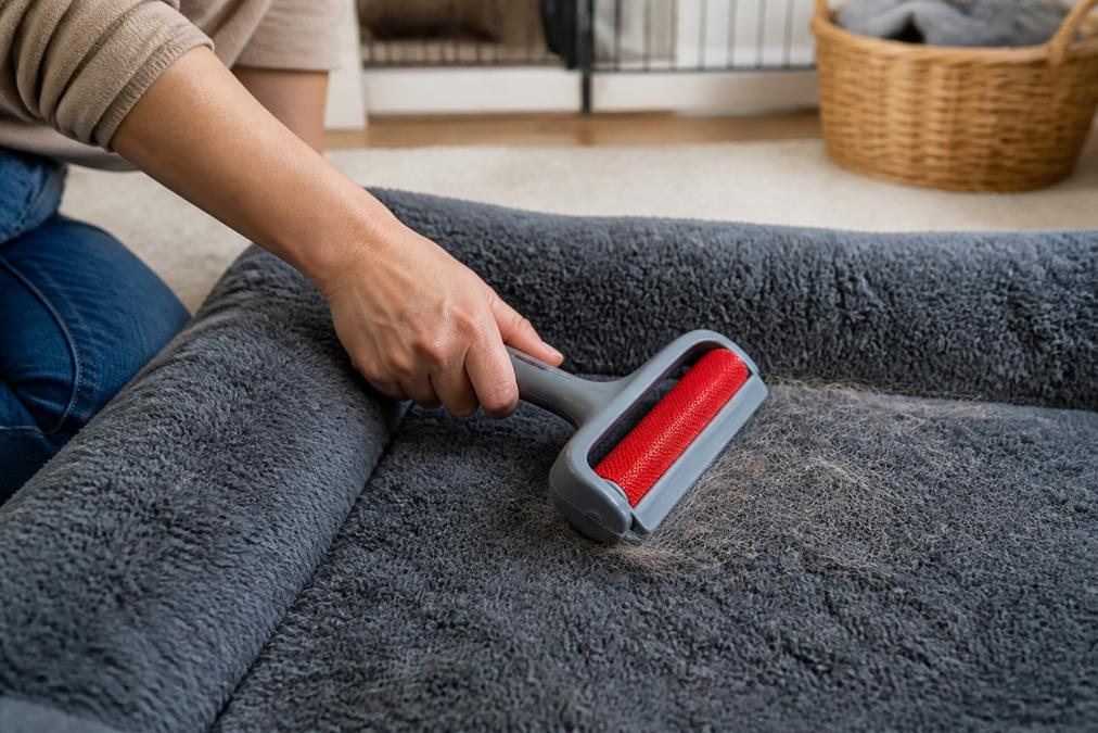 Close-up of a person using a reusable pet fur roller on a plush dog bed cover, with visible pet hair being lifted off the fabric, in a bright home setting