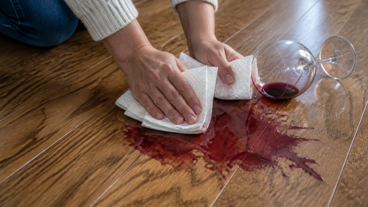 Close-up of hands blotting a fresh red wine spill on a hardwood floor with white paper towels, showing the immediate cleanup action