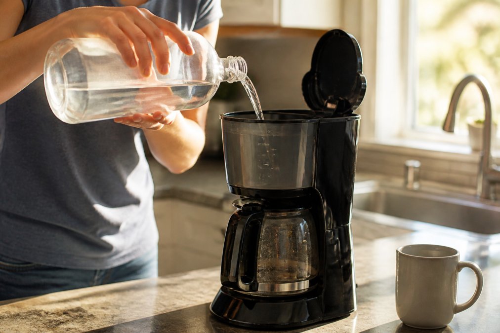 A person's hands pouring a white vinegar and water solution into the water reservoir of a drip coffee maker on a kitchen counter, with a glass carafe and coffee mug nearby in warm morning light