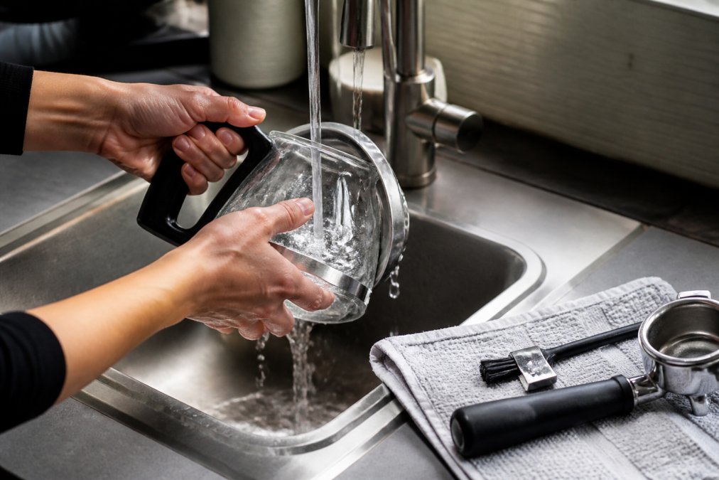 Hands rinsing a glass coffee carafe under a faucet with a portafilter and cleaning brush on a towel nearby.