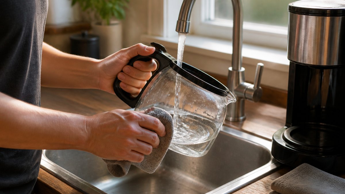 Close-up of hands rinsing a glass carafe under running water with a damp cloth nearby on a kitchen counter with natural morning light
