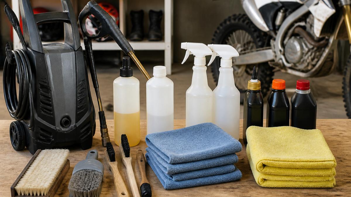 Close-up of organized dirt bike cleaning station with pressure washer, soft bristle brushes, microfiber cloths stacked neatly, degreaser bottles, spray bottles, and lubricating oils arranged on a wooden workbench with natural lighting