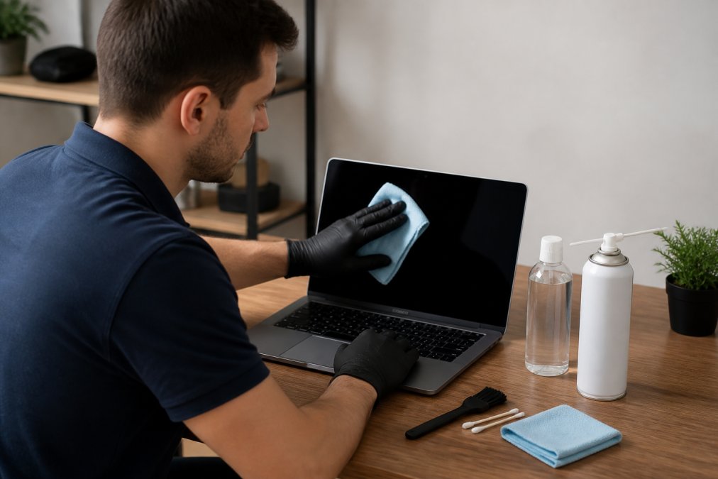 Professional demonstrating how to clean your laptop safely using a lint-free microfiber cloth on laptop screen with isopropyl alcohol bottle and compressed air canister visible on desk