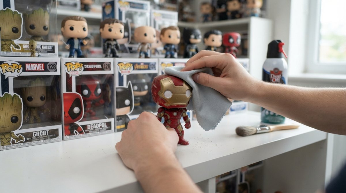 Hands using a microfibre cloth and brush to clean a vinyl figure, showing how to clean your pop vinyls through routine