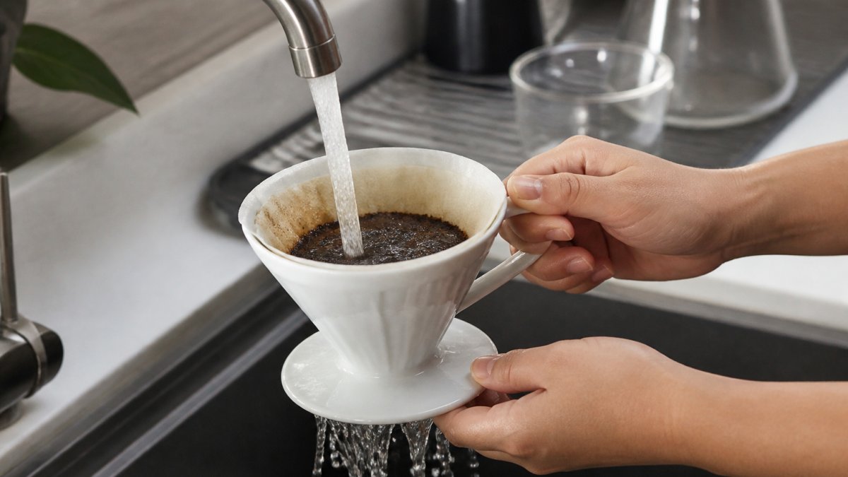 Hands rinsing a ceramic pour-over dripper under warm running water
