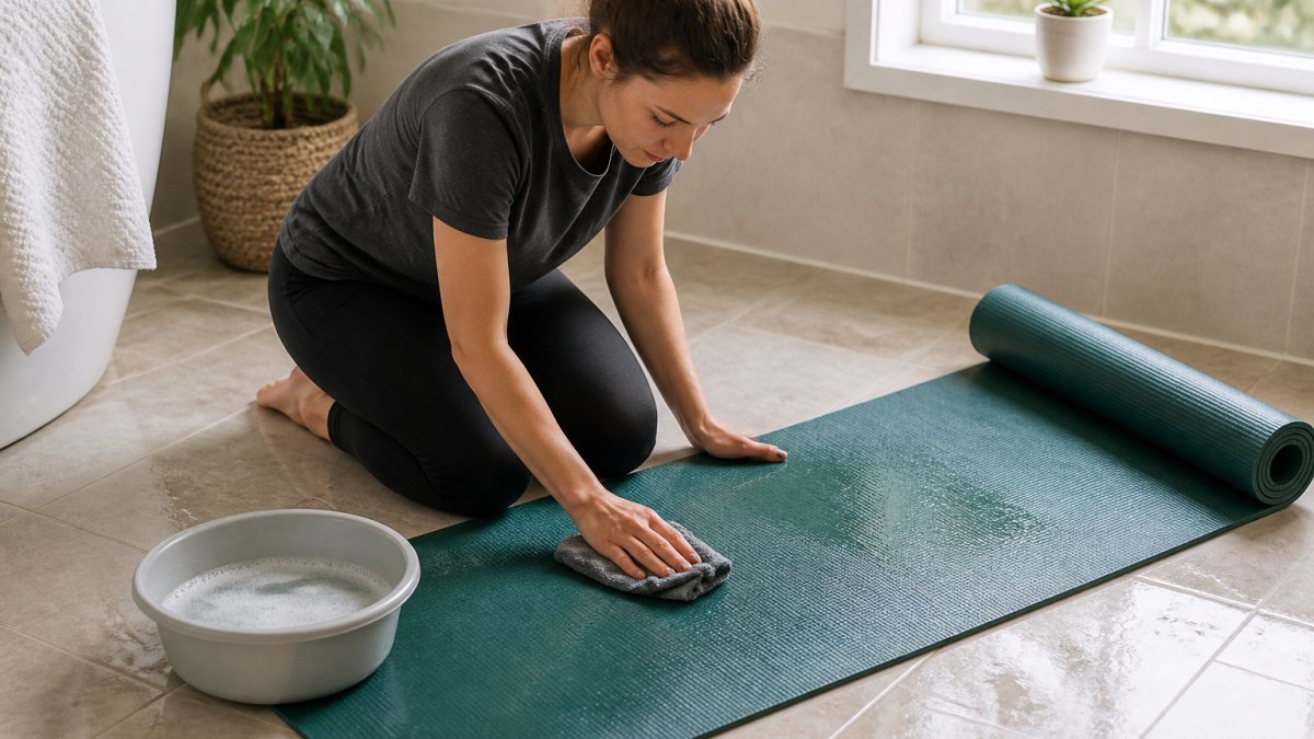 A person kneeling on a bathroom floor, gently wiping a rolled-out yoga mat with a soft cloth and a bowl of soapy water beside them, warm natural light from a window