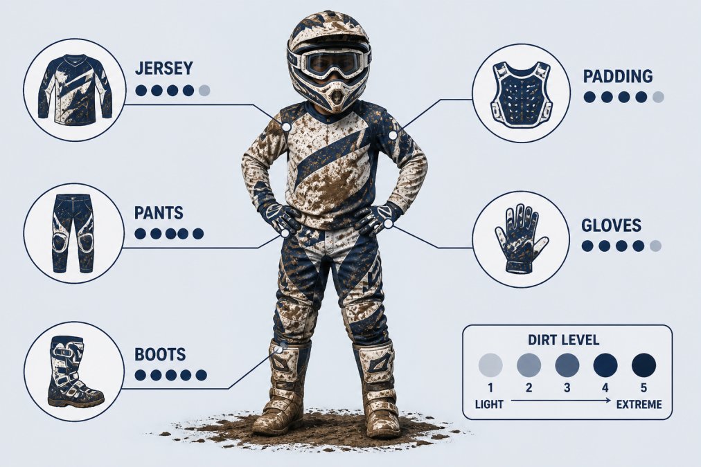 Young rider in full motocross gear covered in mud and dirt after an intense practice session, showing the extent of soil buildup across jersey, pants, boots, and protective padding
