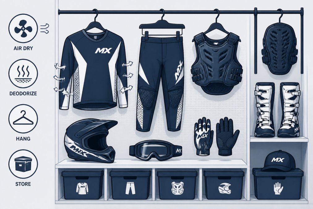 Clean, organized motocross gear laid out and hanging properly for storage, showing protective padding positioned correctly, breathable mesh areas exposed to air, and boots standing upright on a shelf
