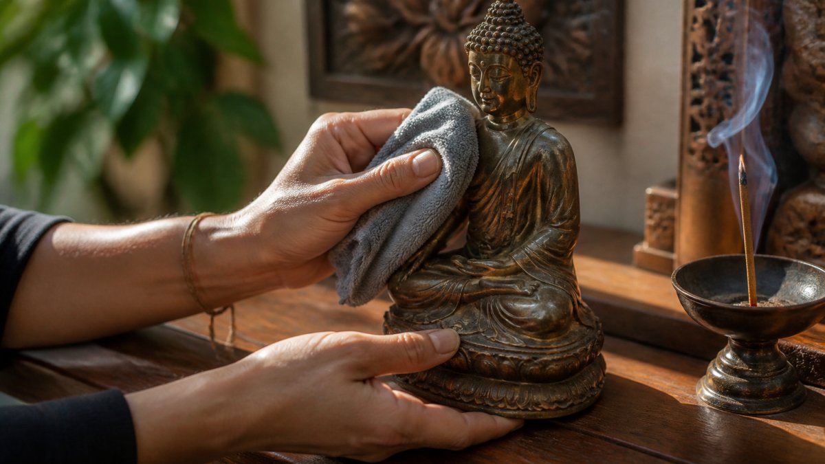 Hands gently using a soft cloth to cleanse Buddha statue on a wooden altar with incense burning nearby.