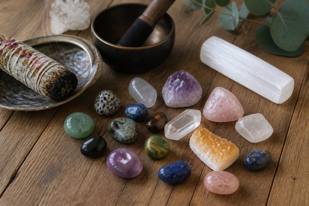 Flat lay of assorted tumbled stones and raw crystals arranged on a wooden surface beside a lit sage bundle, a small singing bowl, and a white selenite wand under soft natural light