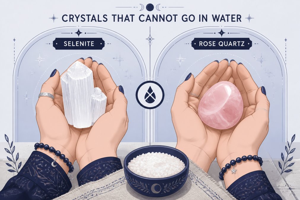 Close-up of a woman's hands gently holding a cluster of raw selenite and a rose quartz tumbled stone side by side, showing the contrast in texture and surface, with a small bowl of sea salt nearby on a linen cloth