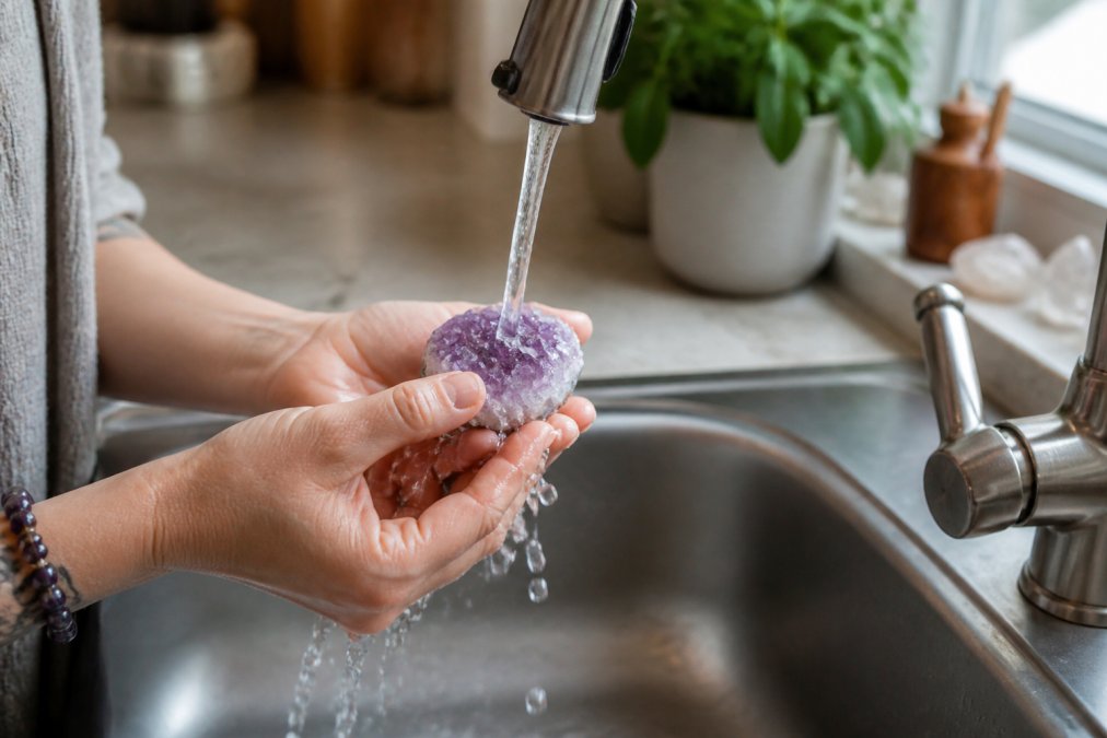 Close-up of hands holding a raw amethyst crystal under a gently running tap in a bright kitchen, water droplets visible on the stone surface, soft natural light