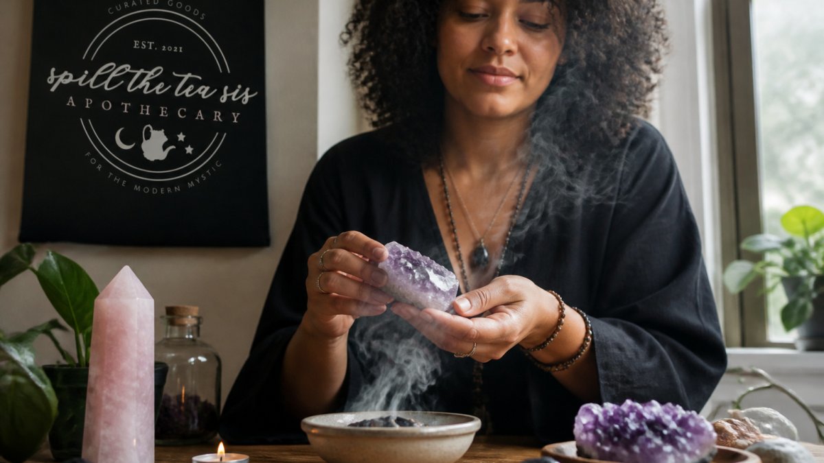Hands holding a raw crystal in the rising smoke of incense for cleansing