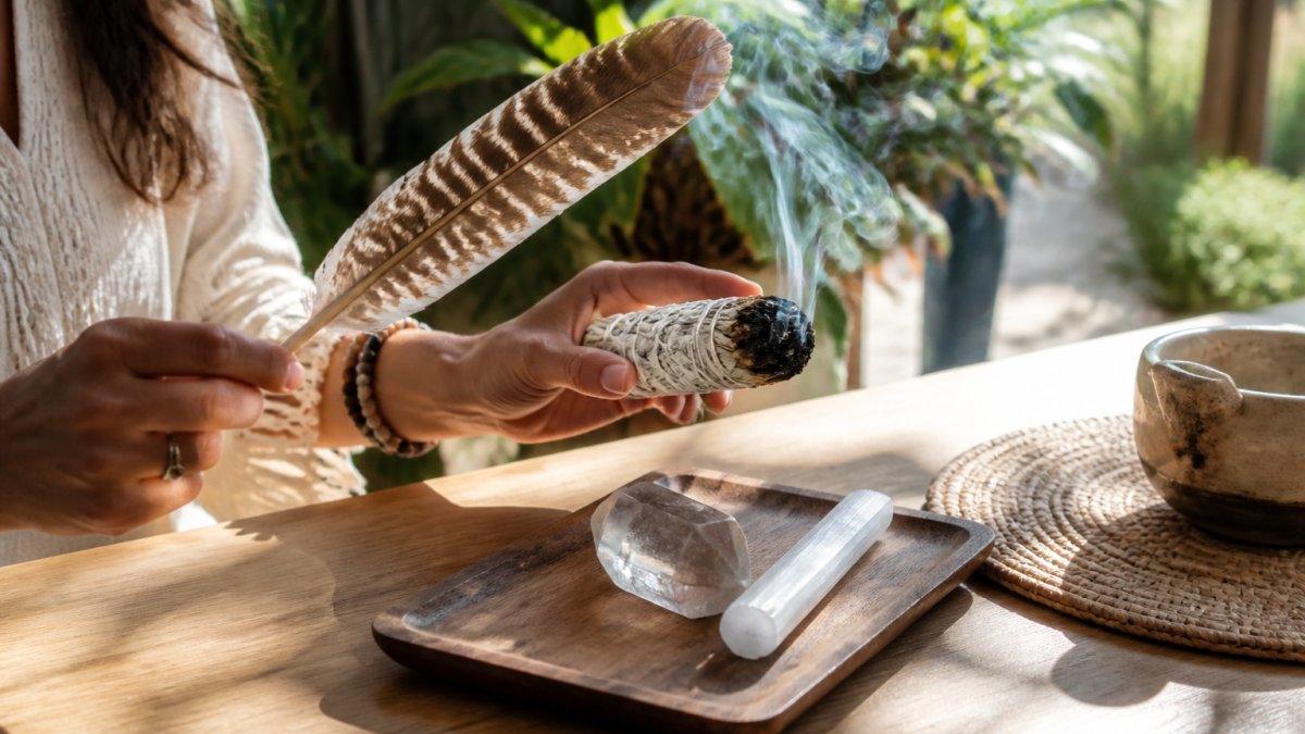 Close-up of a woman's hands holding a smoking white sage bundle and an upcycled turkey feather, wafting smoke over a quartz crystal and selenite wand resting on a small wooden tray on a sunlit table