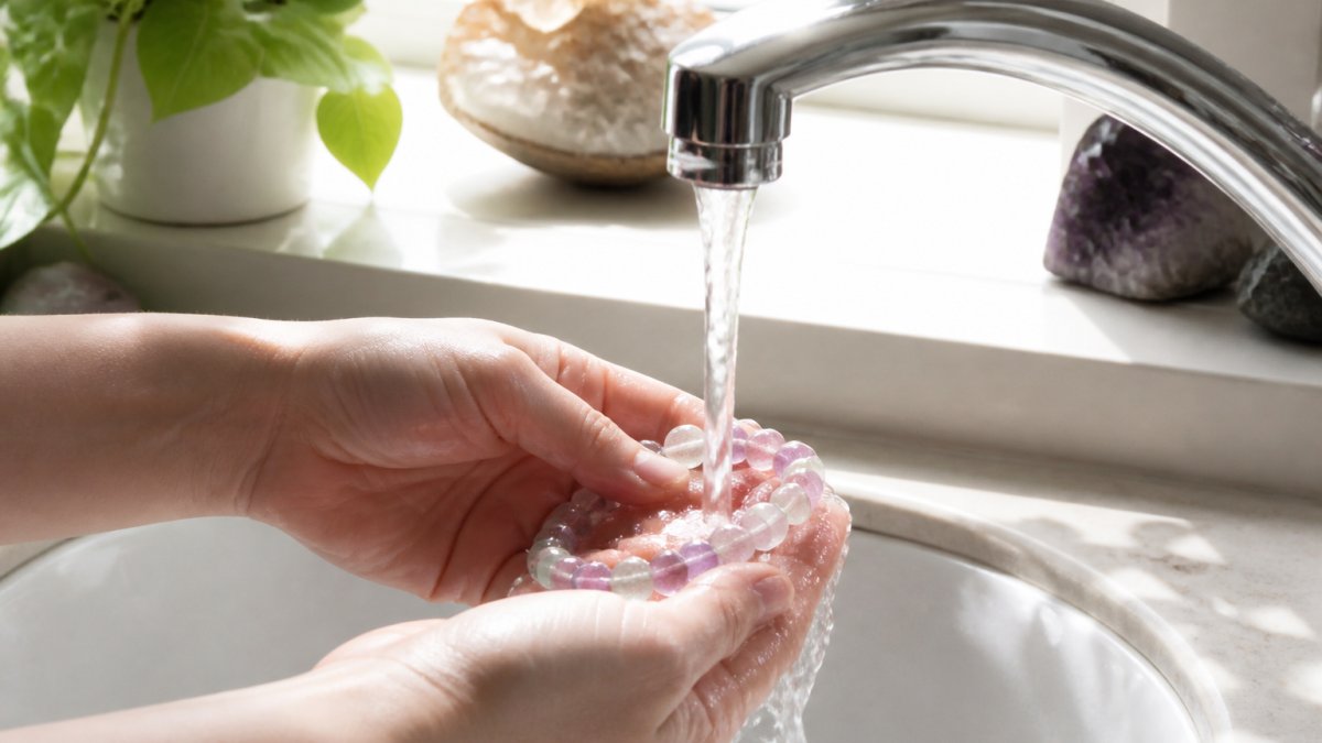 Hands gently holding a delicate crystal bracelet under soft running water from a faucet, with natural morning light streaming through a window